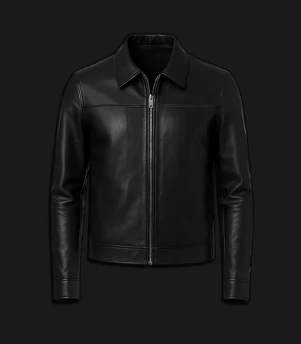 Mens-Black-Leather-Shirt-Collar-Jacket-Front