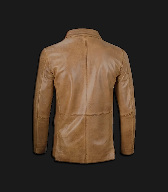 Men’s Camel Brown Leather Blazer Back