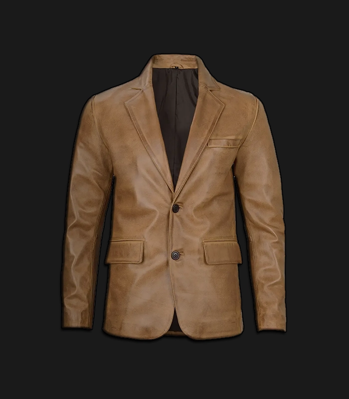 Mens-Camel-Brown-Leather-Blazer-Front