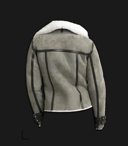 Women’s Grey Shearling Bomber Jacket Back