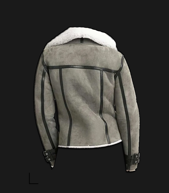 Women’s Grey Shearling Bomber Jacket Back